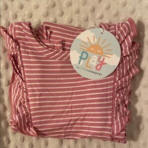 Little Sleepies Pink & White Striped Ruffle Romper 2T - Garden Rose Stripe